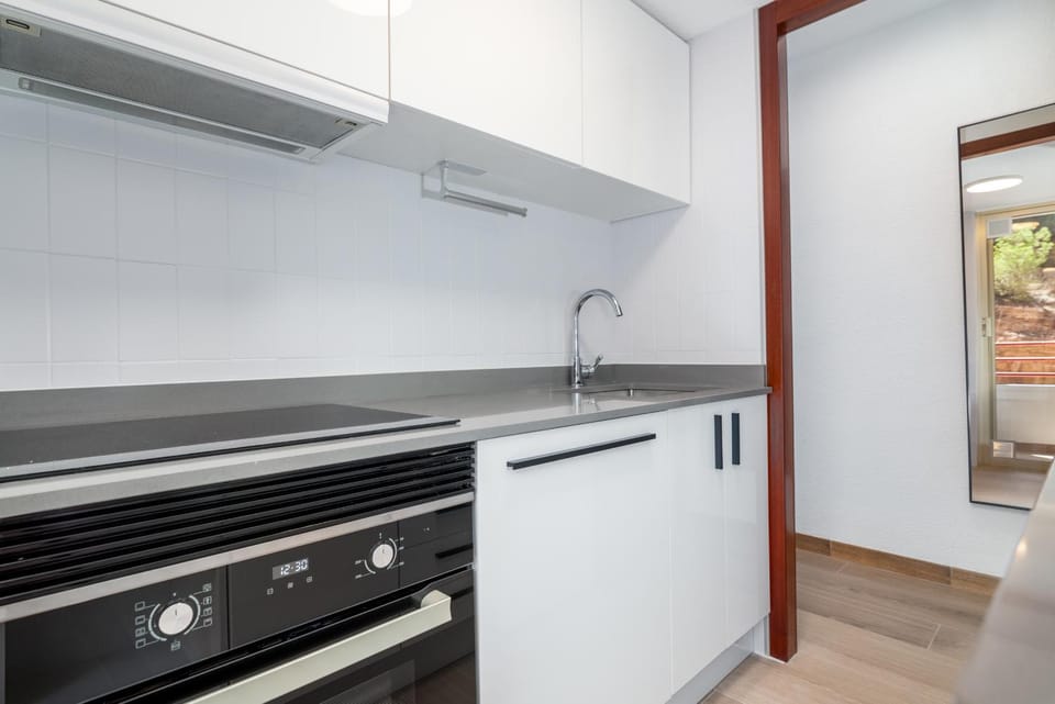 Kitchen or kitchenette, dishwasher, oven, stove