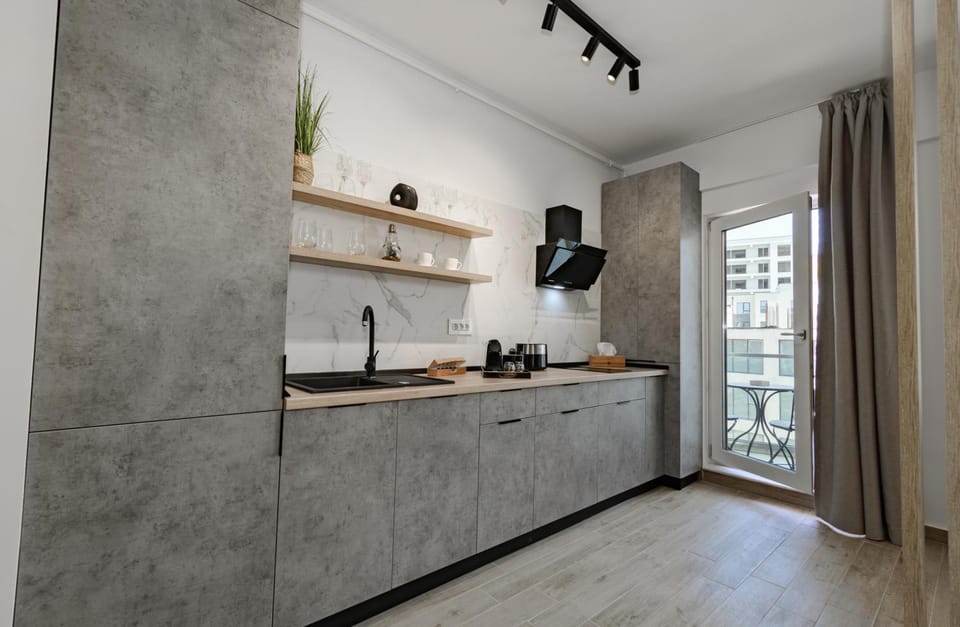 Kitchen or kitchenette, stove