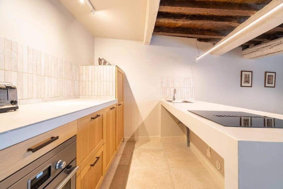 Kitchen or kitchenette, stove