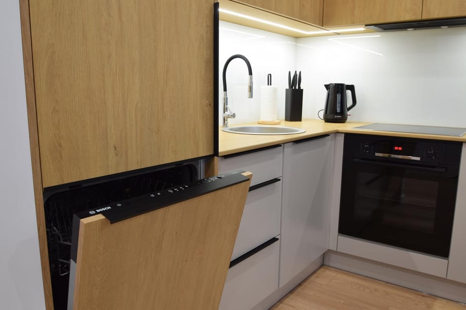 Kitchen or kitchenette, dishwasher, stove