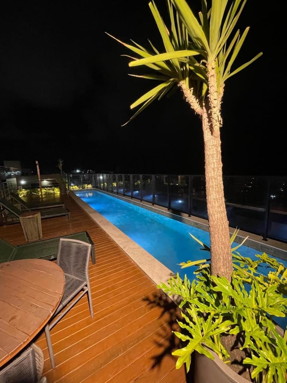 Night, Pool view, Swimming pool, sunbed