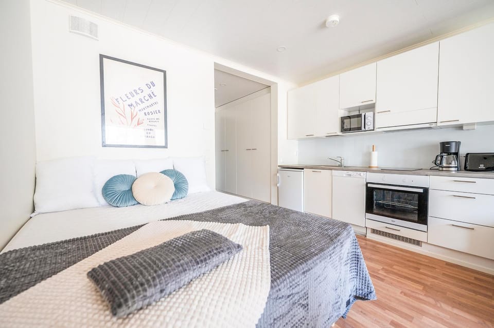 Bed, kitchen