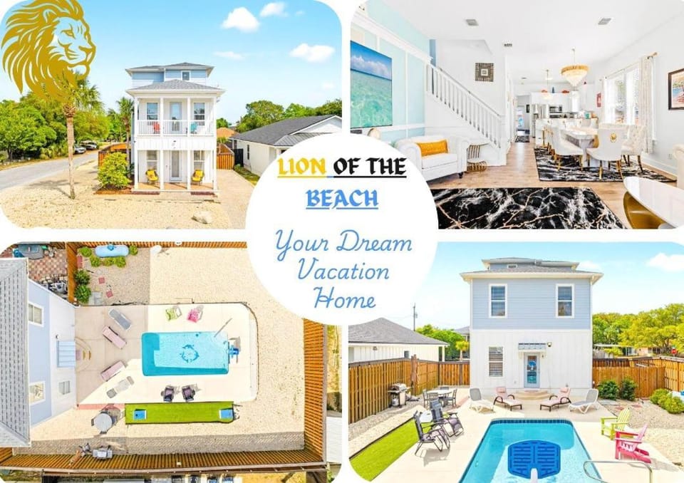 Property building, Living room, Text overlay, Pool view, Swimming pool