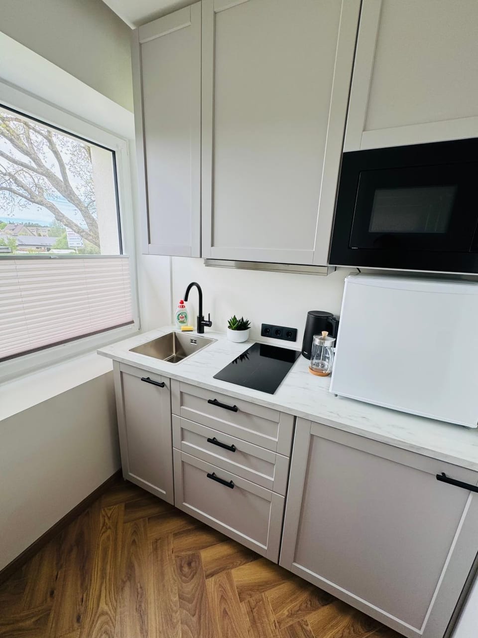 Kitchen or kitchenette, microwave, stove