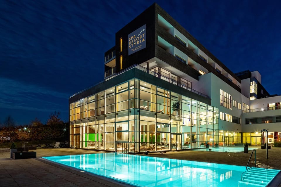 Property building, Night, Pool view, Swimming pool