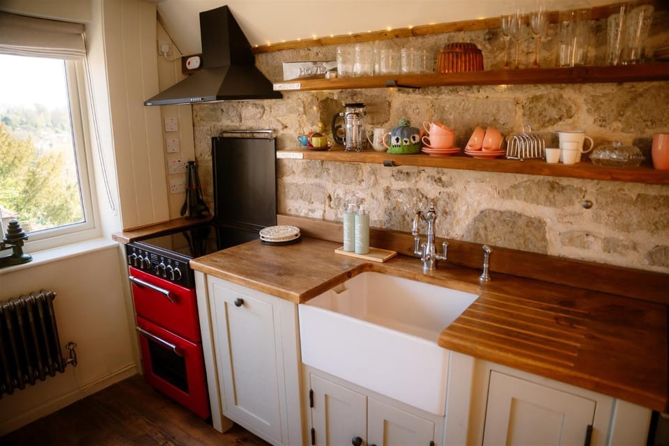 Kitchen or kitchenette, stove