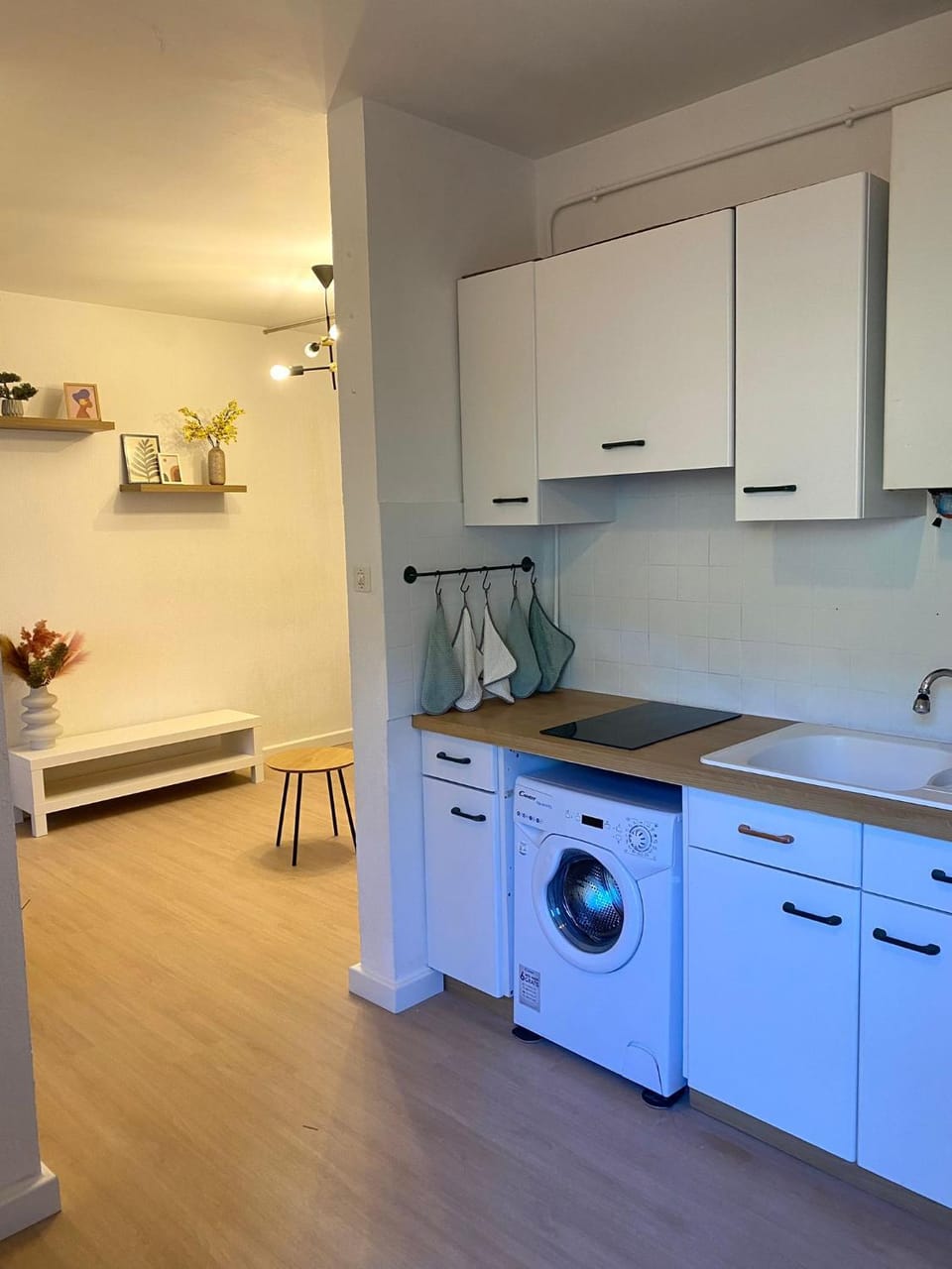Kitchen or kitchenette, stove, washing machine