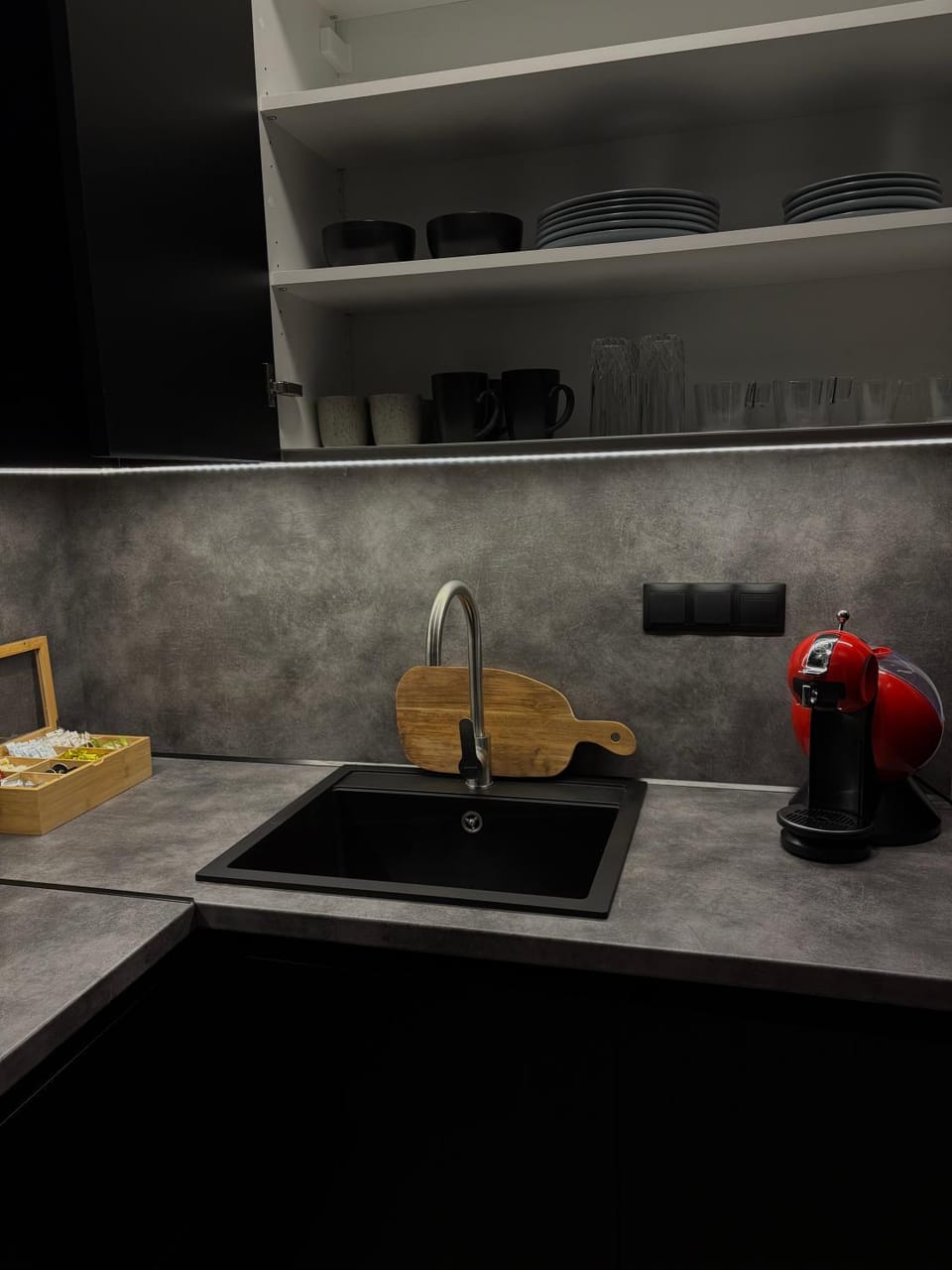 Kitchen or kitchenette, stove