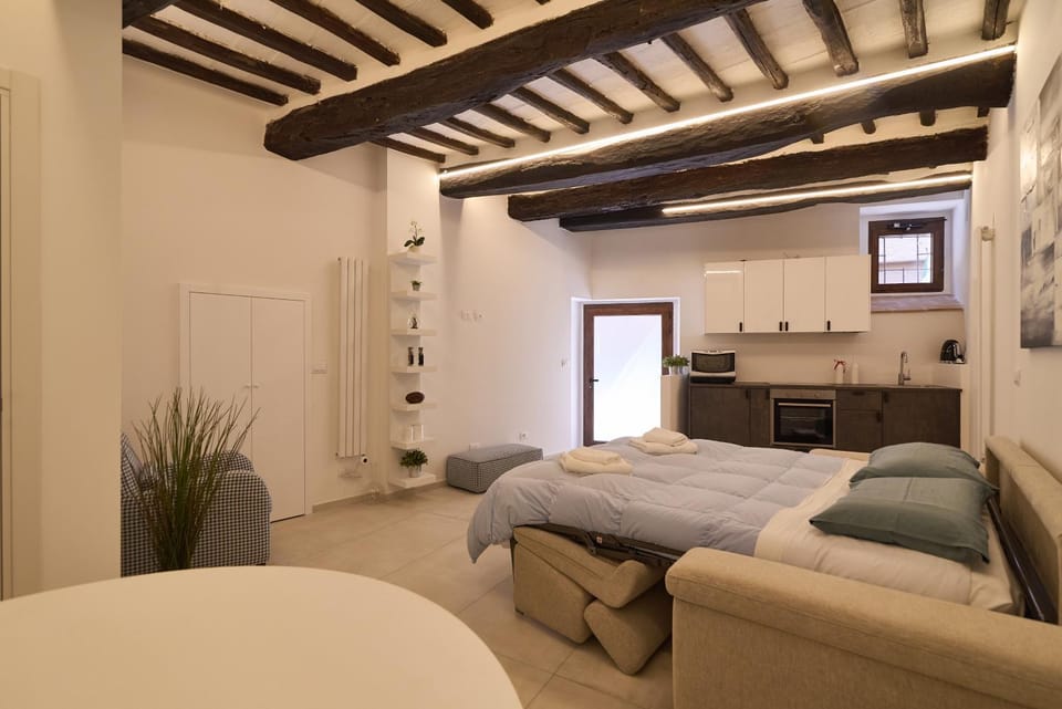 Bed, TV and multimedia, Kitchen or kitchenette, Living room, Photo of the whole room, Seating area, Bedroom