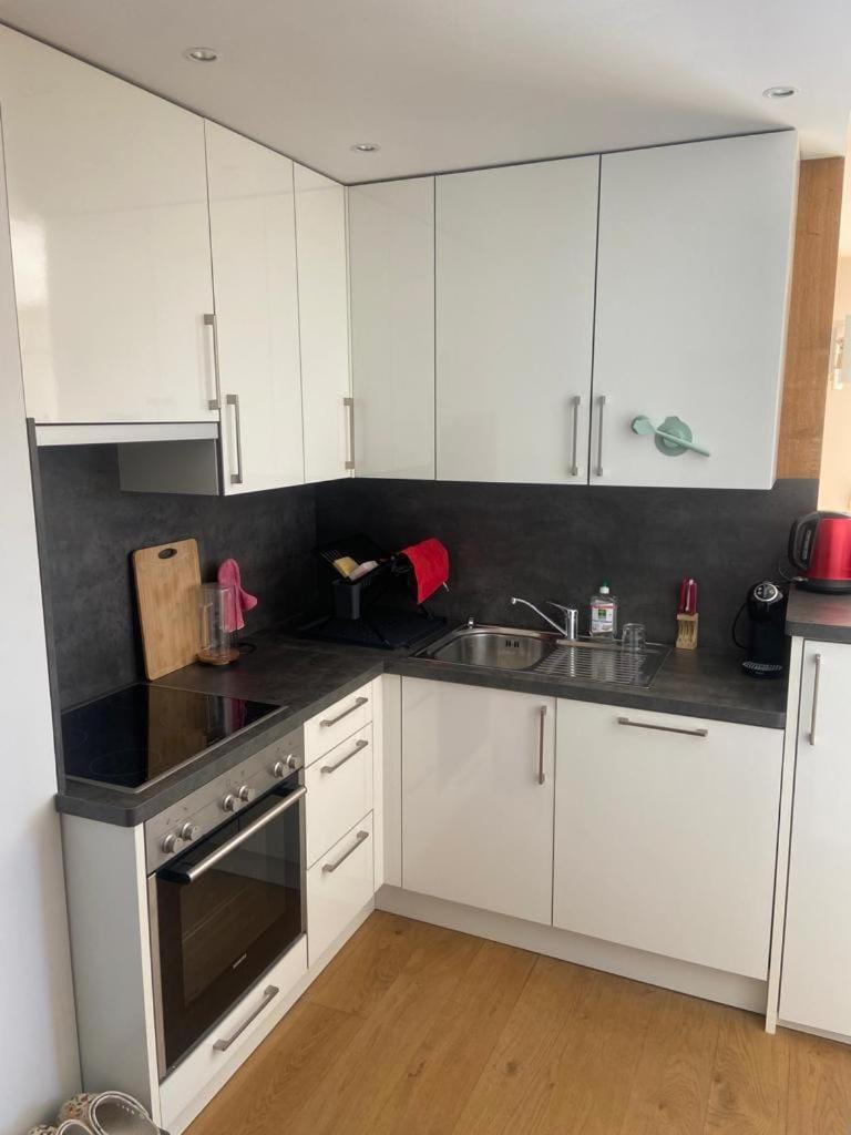 Kitchen or kitchenette, dishwasher, oven, stove