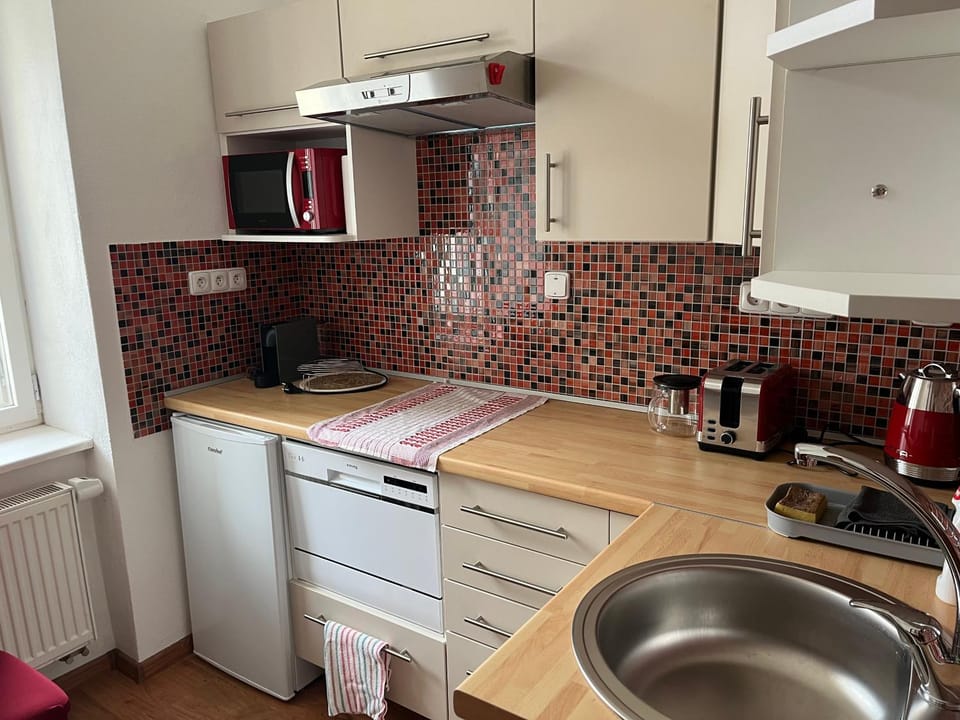 Kitchen or kitchenette, dishwasher, stove