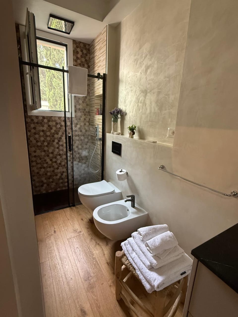 Bathroom, bidet, towels