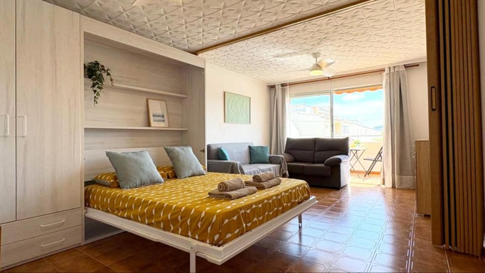 Bed, Balcony/Terrace, Living room, Photo of the whole room, Decorative detail, Seating area, air conditioner