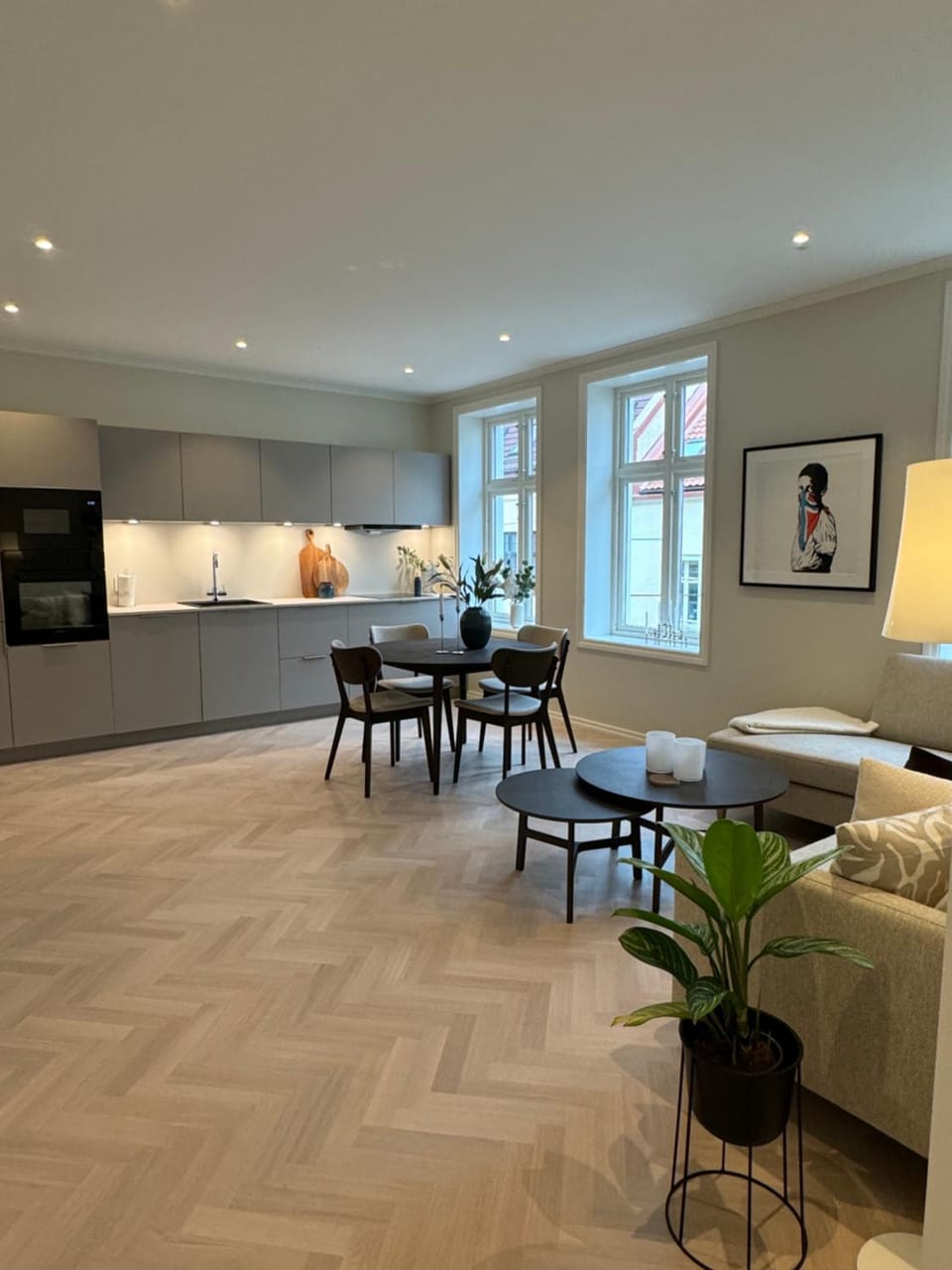 Kitchen or kitchenette, Living room, Seating area, Dining area