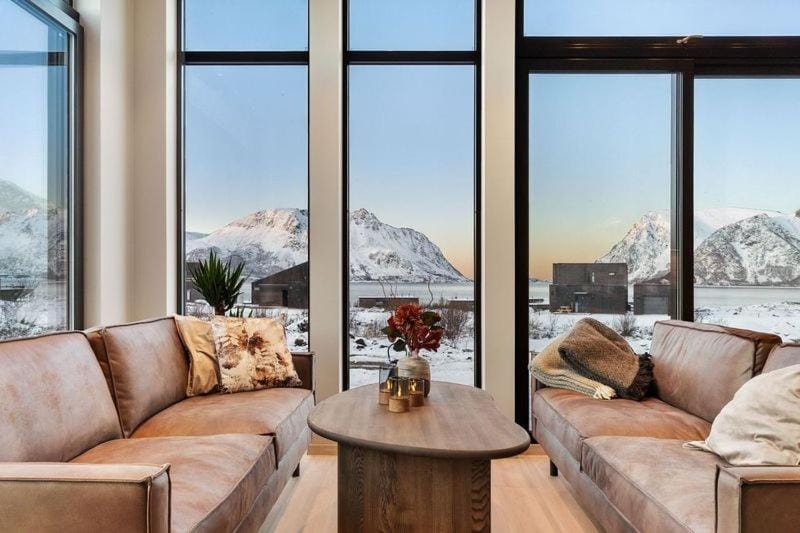 Natural landscape, Winter, Living room, Seating area, Mountain view