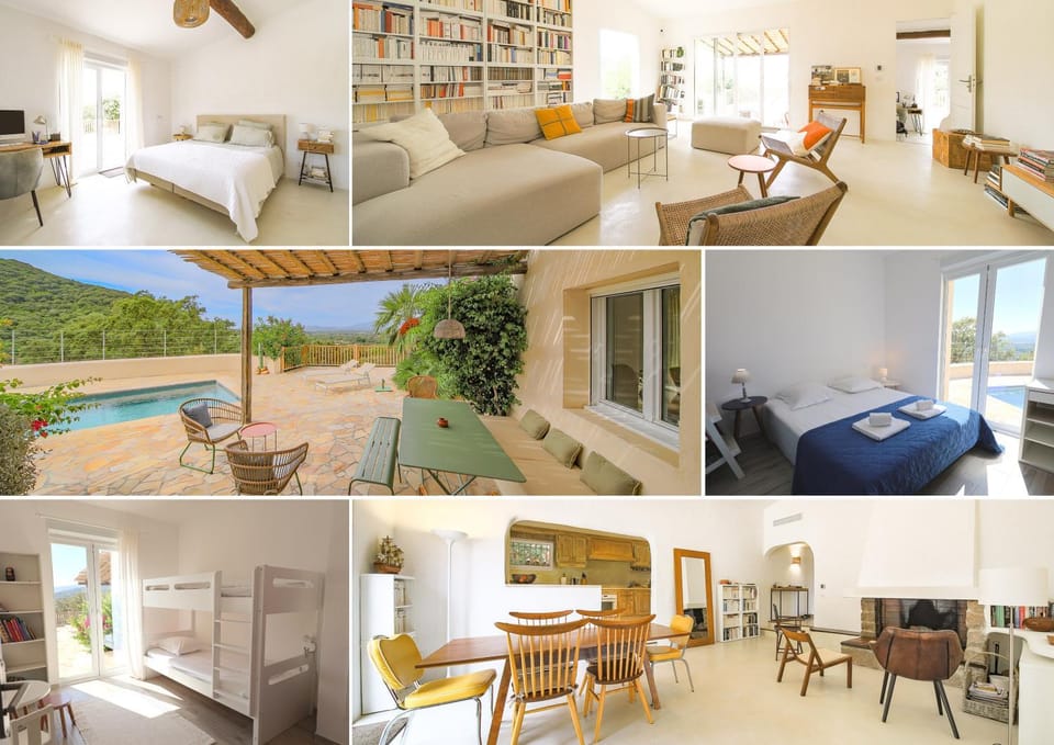 Patio, Bed, Natural landscape, Living room, Photo of the whole room, Seating area, Dining area, Bedroom, Pool view, Swimming pool, sunbed