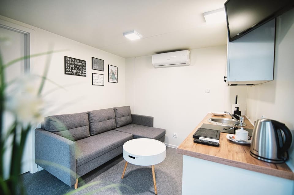 Coffee/tea facilities, Kitchen or kitchenette, Living room, Seating area, air conditioner
