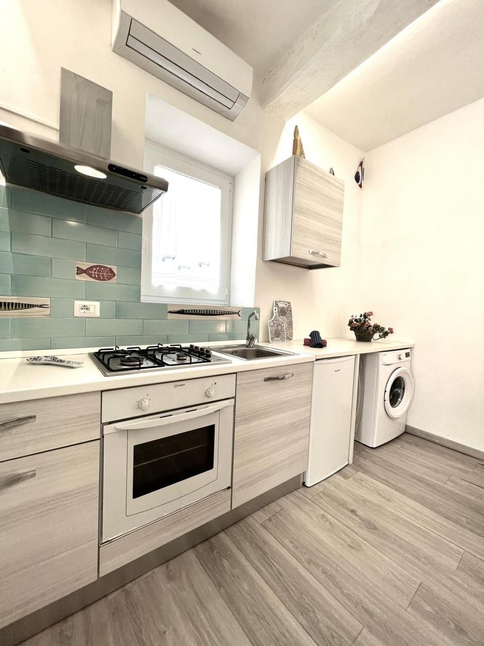 Kitchen or kitchenette, dishwasher, stove, washing machine