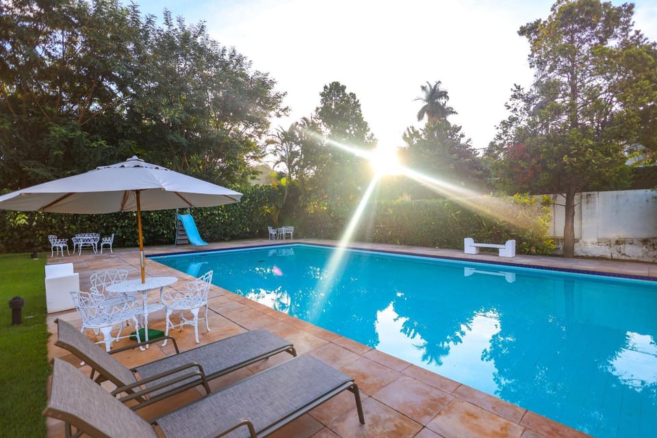 Day, Natural landscape, Garden, Garden view, Pool view, Swimming pool, sunbed