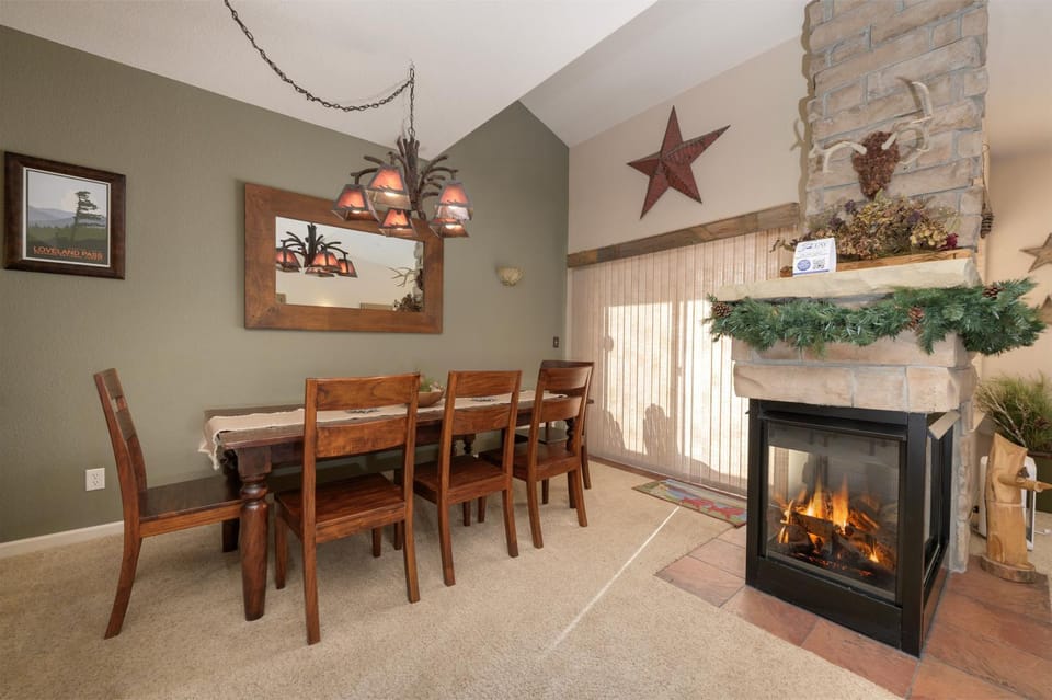 Dining area, fireplace, furniture