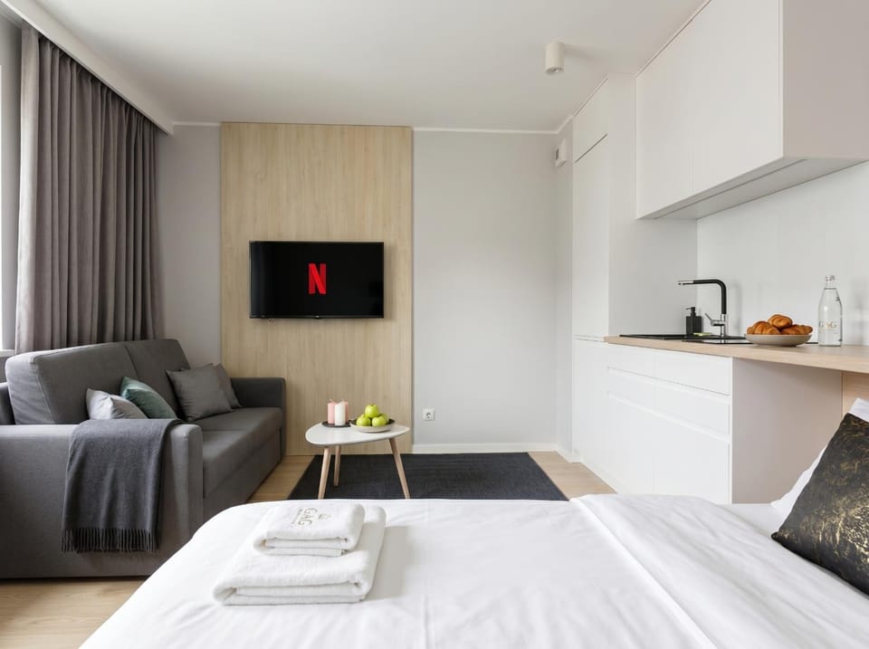 Bed, TV and multimedia, Kitchen or kitchenette, Living room, Photo of the whole room, Seating area, Bedroom, hair dresser