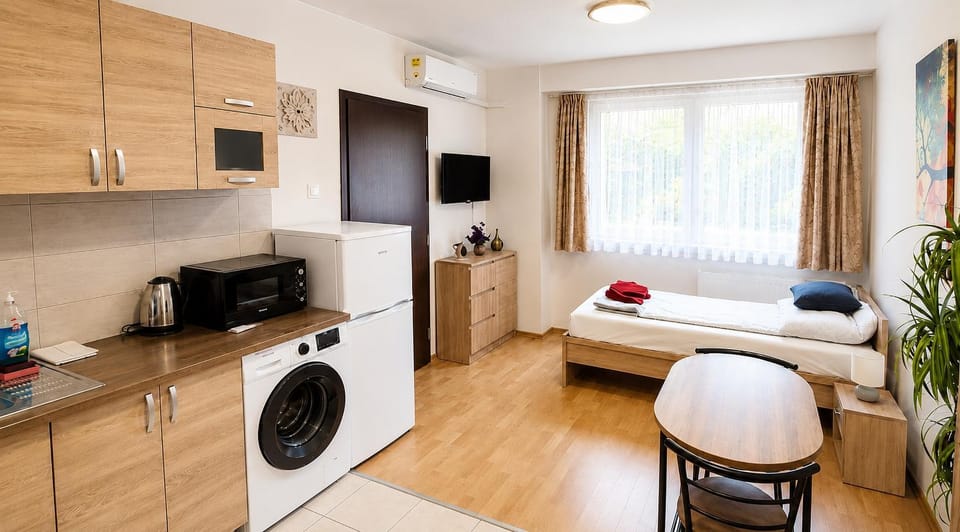 Bed, TV and multimedia, Kitchen or kitchenette, Photo of the whole room, towels, washing machine