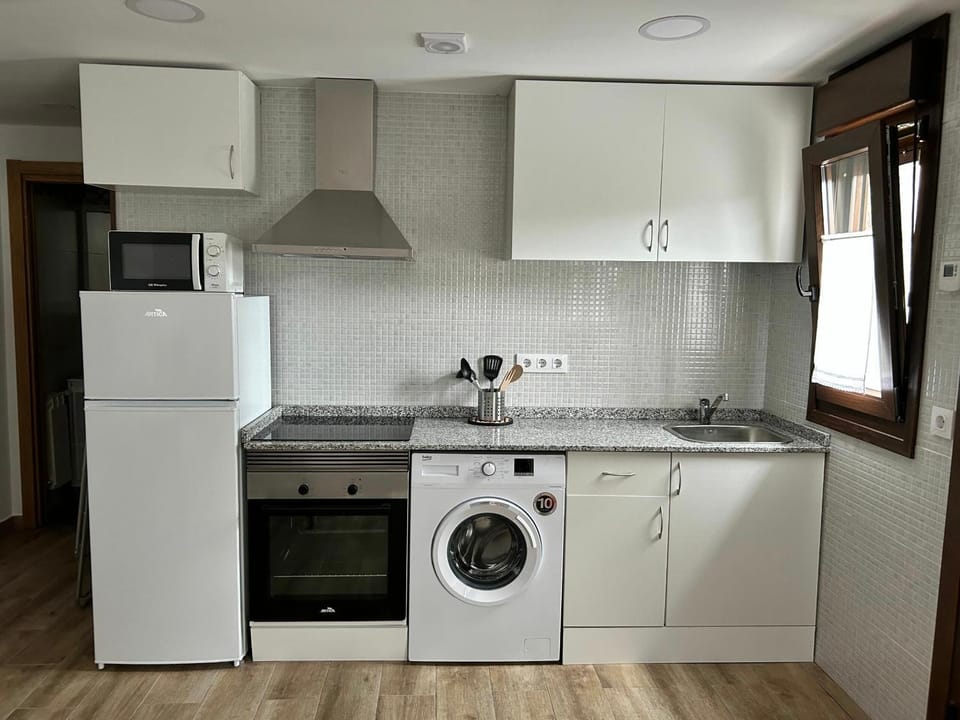 Kitchen or kitchenette, oven, stove, washing machine