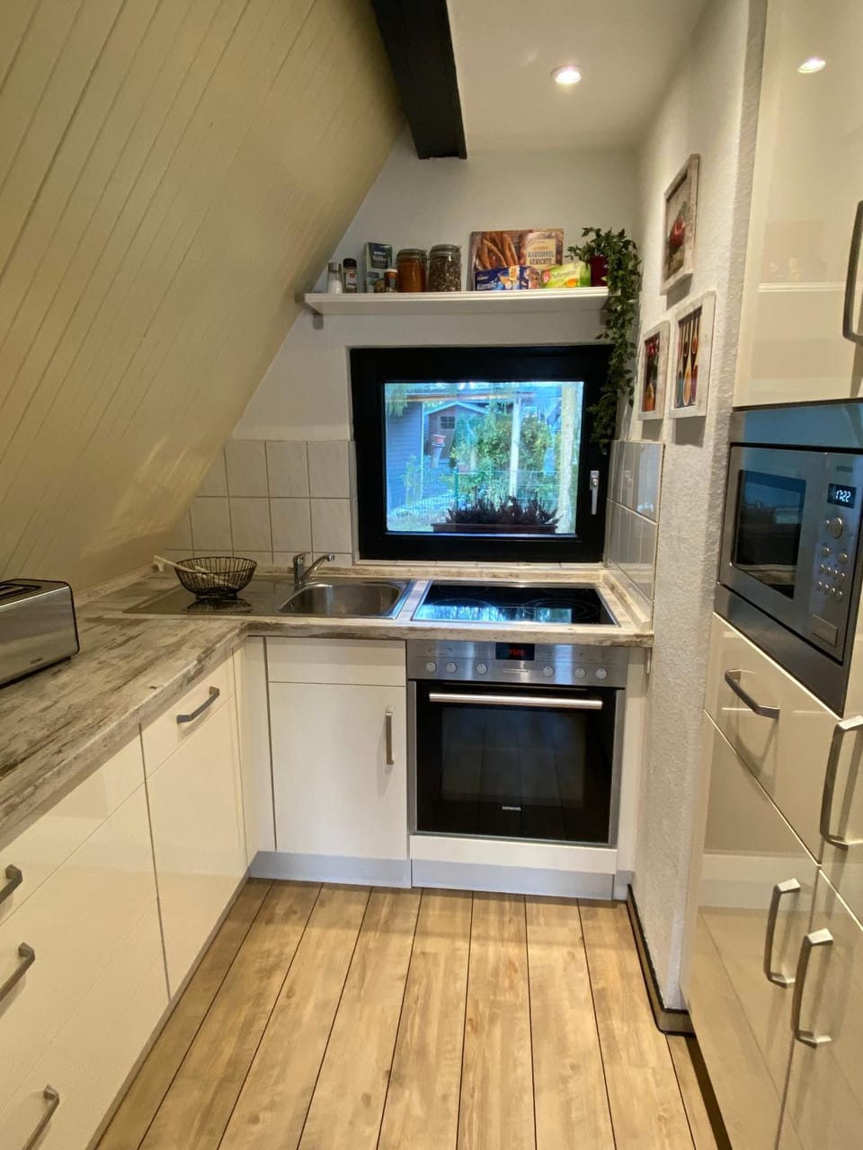 Kitchen or kitchenette, dishwasher, microwave, oven, stove
