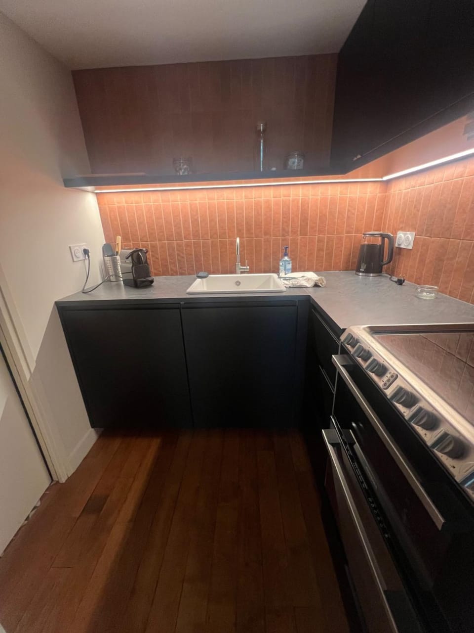 Kitchen or kitchenette, dishwasher, stove