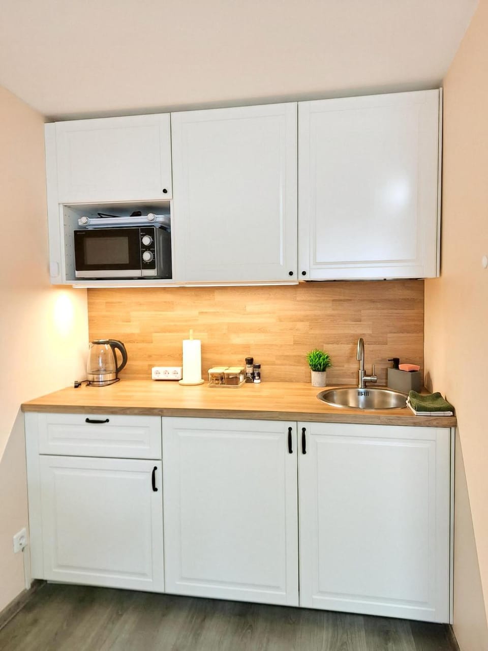 Kitchen or kitchenette, microwave