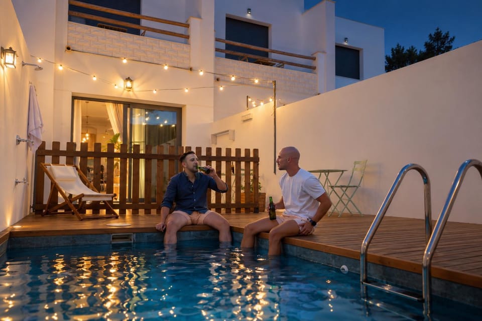 Patio, Night, People, Guests, Pool view, Swimming pool, group of guests, sunbed