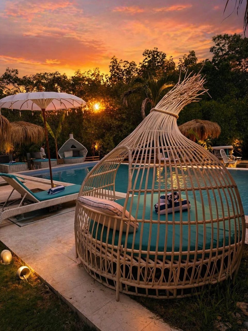 Natural landscape, Pool view, Swimming pool, Sunset, sunbed