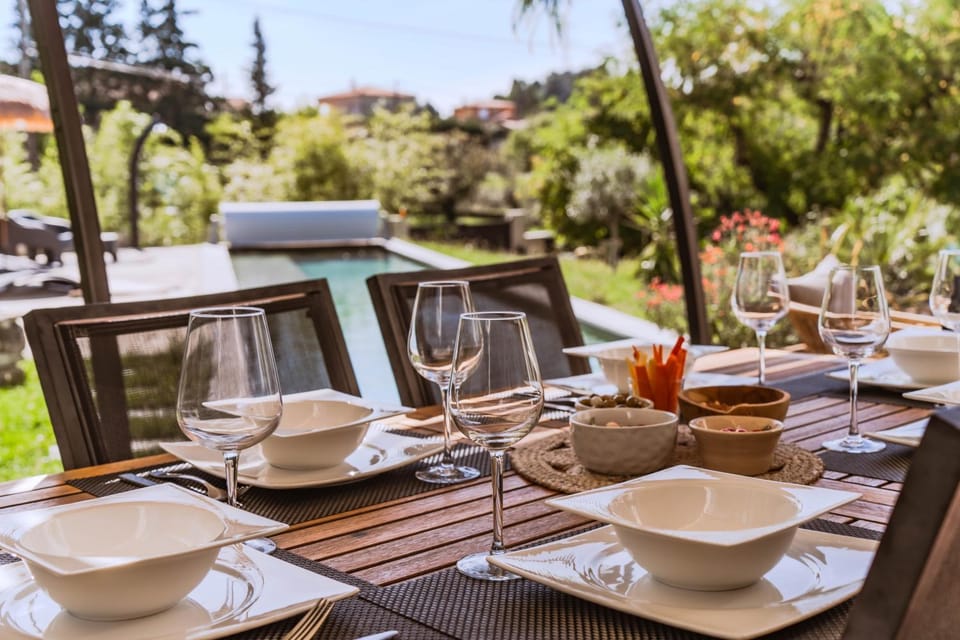 Patio, Dining area, Pool view