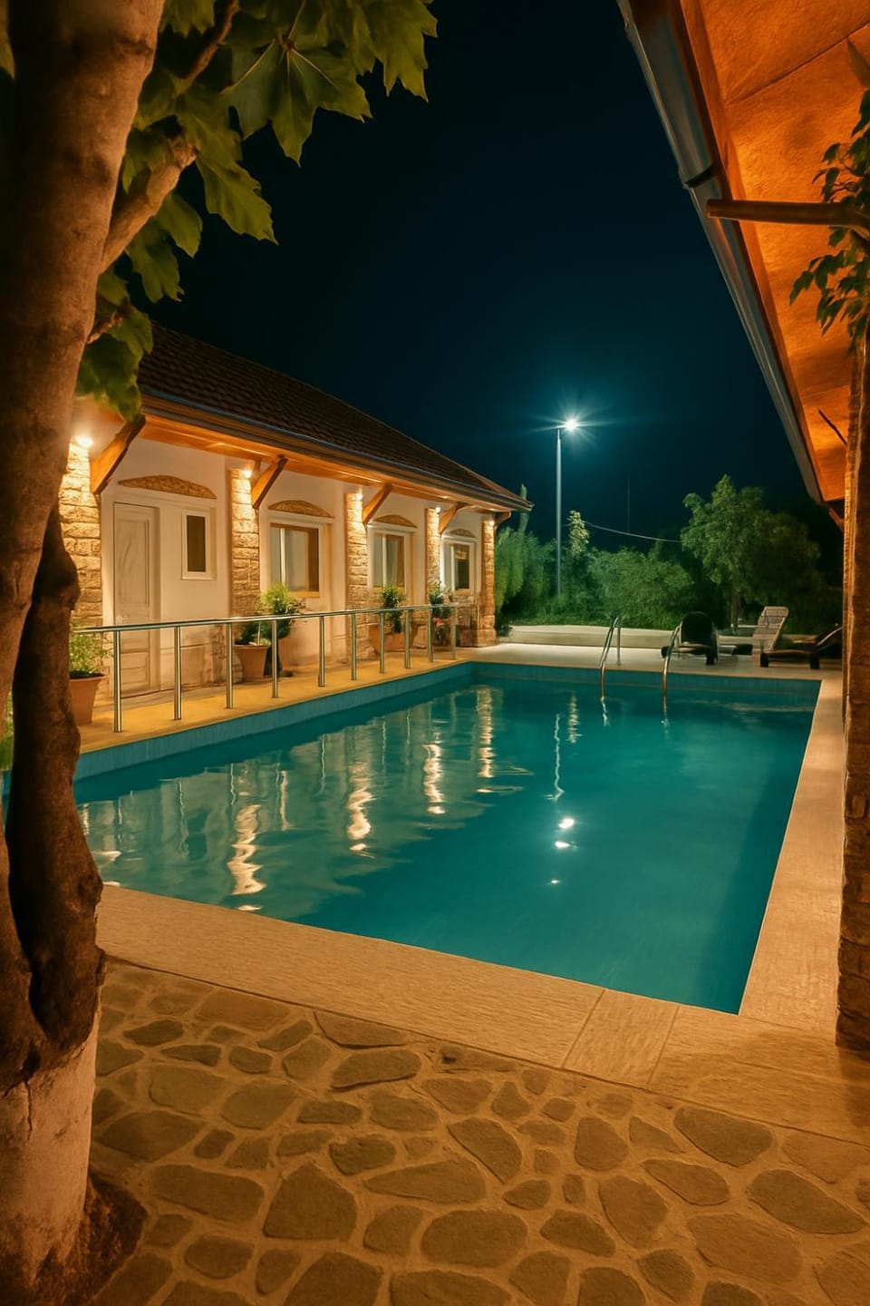 Property building, Night, Pool view, Swimming pool
