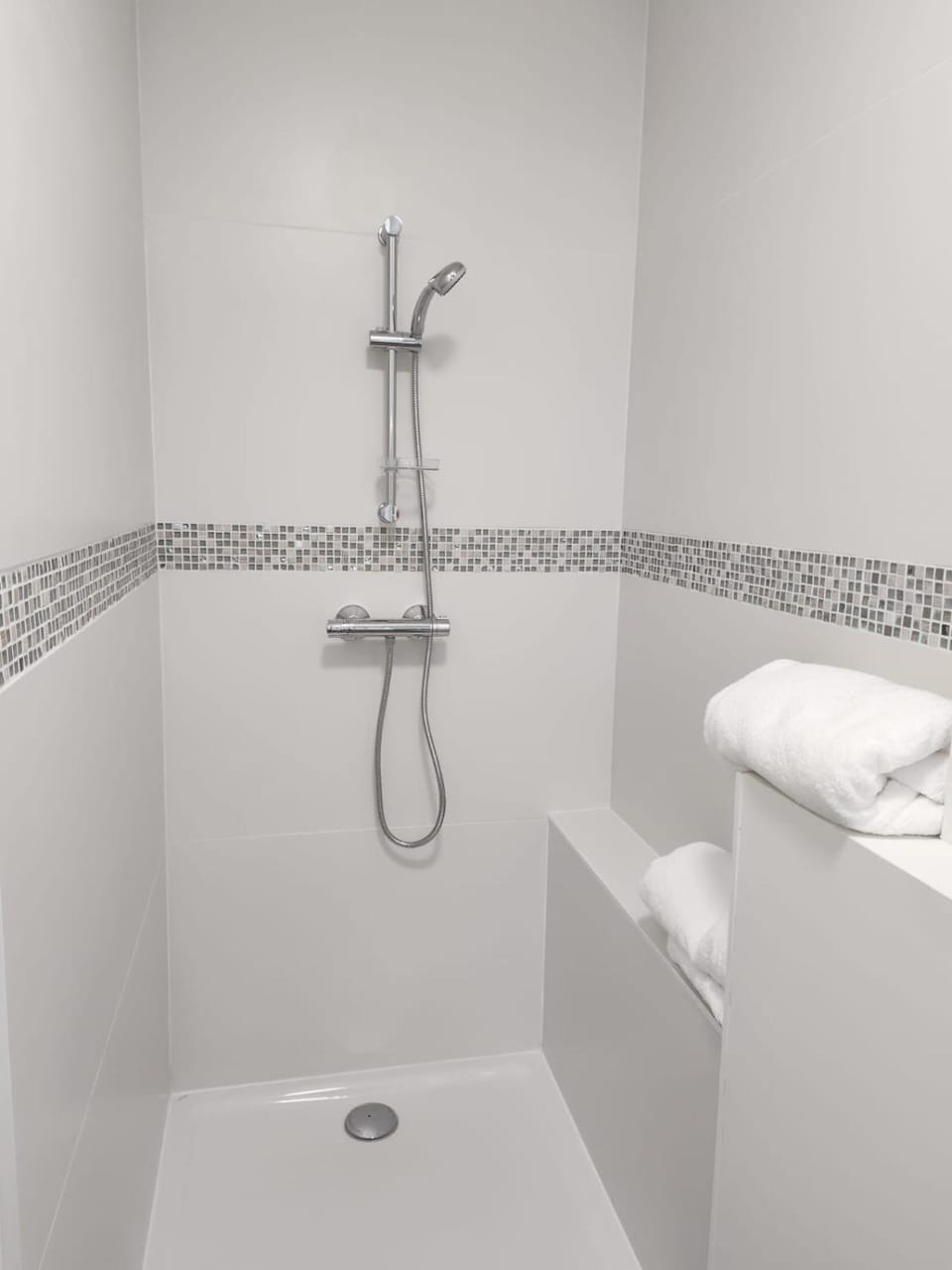 Shower, Bathroom, flat iron, hair dryier, towels