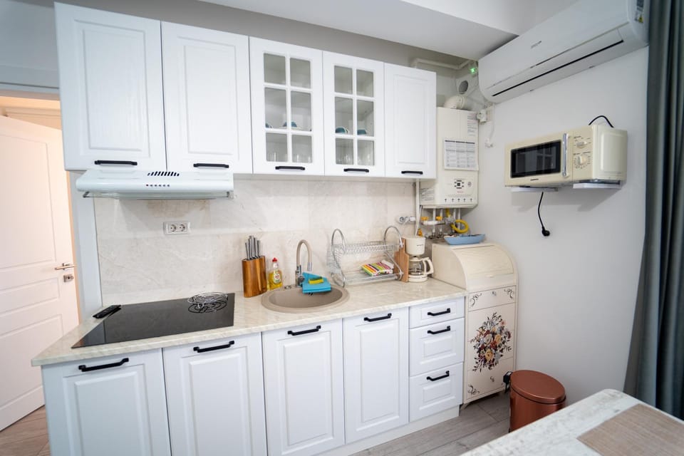 Coffee/tea facilities, Kitchen or kitchenette, microwave, stove, toaster, air conditioner