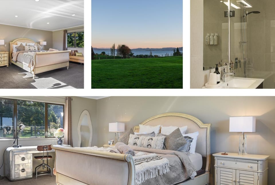 Shower, Bedroom, Lake view, Sunset, towels