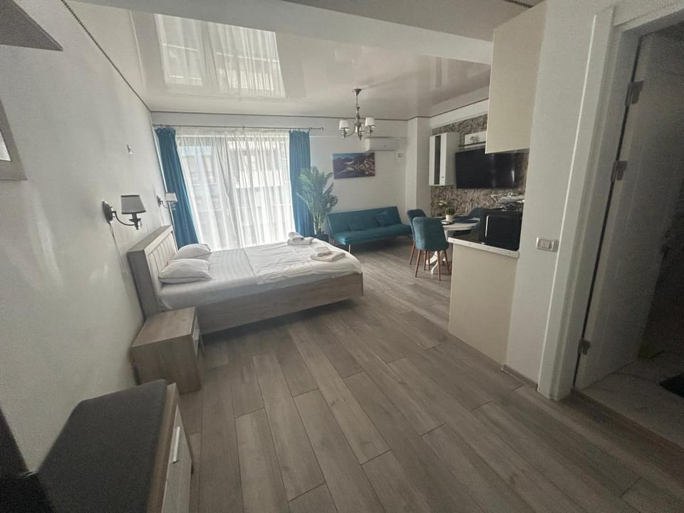 Bed, TV and multimedia, Kitchen or kitchenette, Living room, Photo of the whole room, Seating area, Bedroom, wardrobe