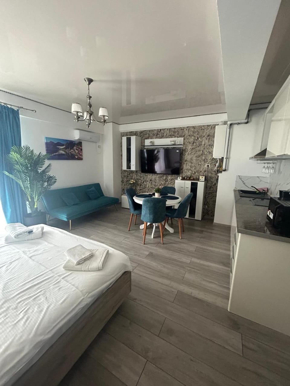 Bed, TV and multimedia, Kitchen or kitchenette, Living room, Photo of the whole room, Seating area, Dining area, Bedroom