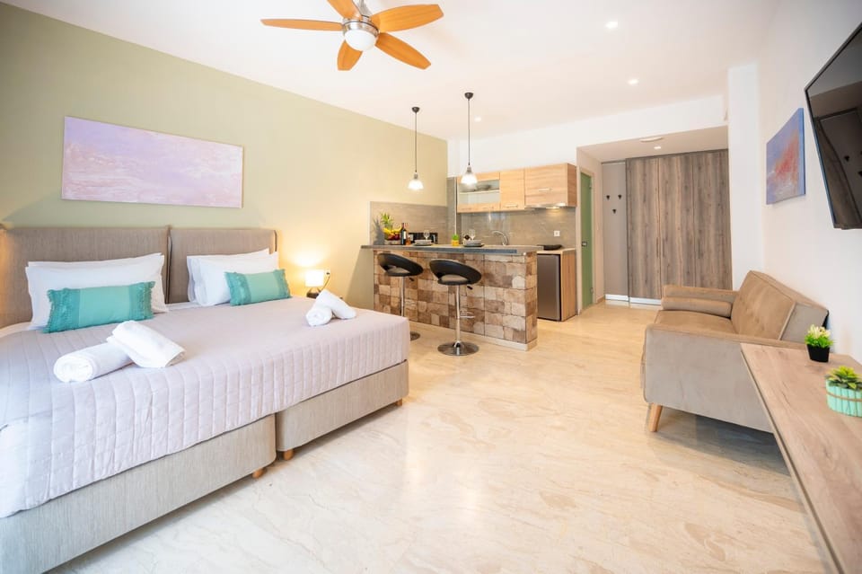 Bed, Kitchen or kitchenette, Seating area, air conditioner