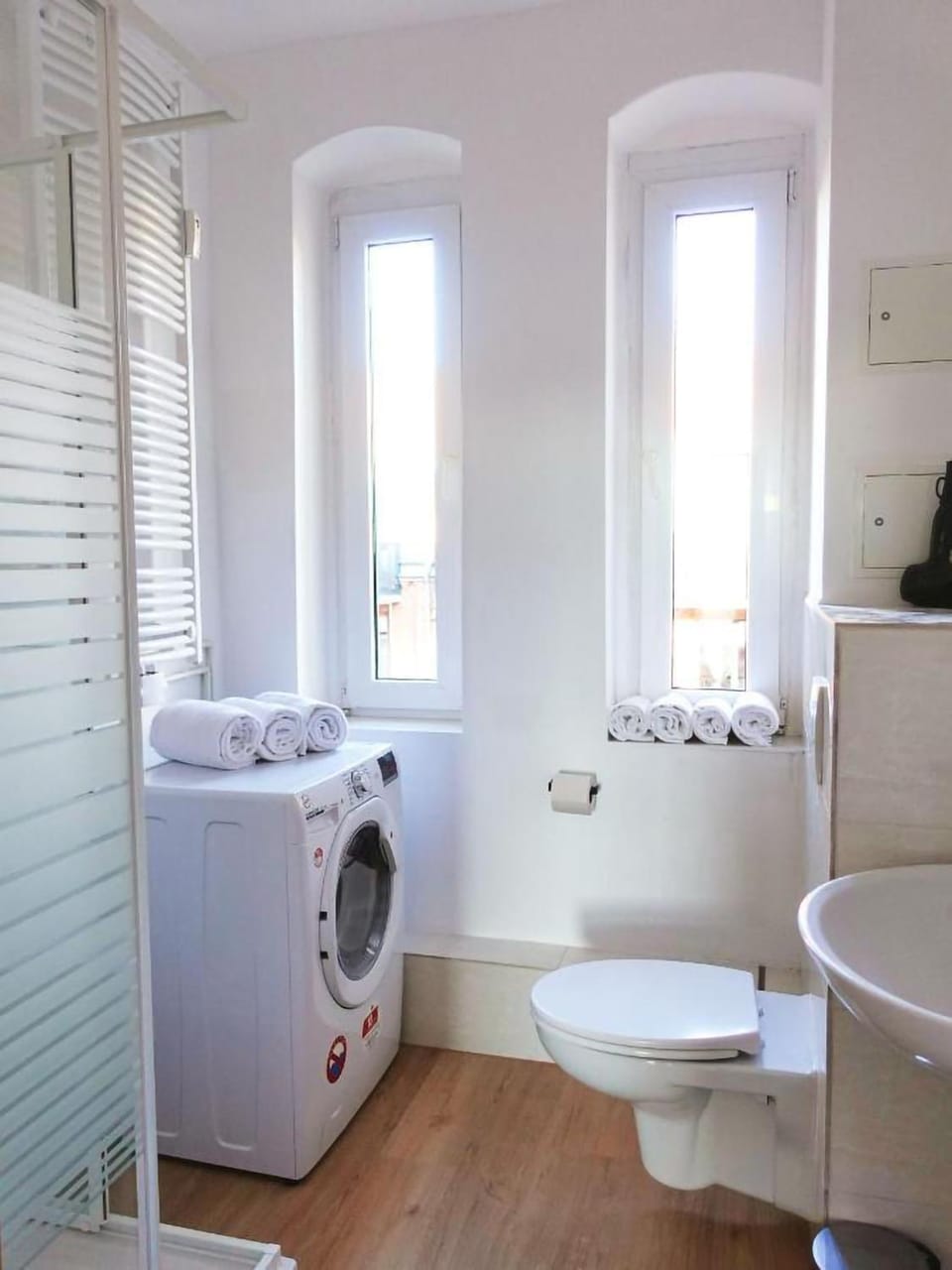 Toilet, hair dryier, towels, washing machine, dryer