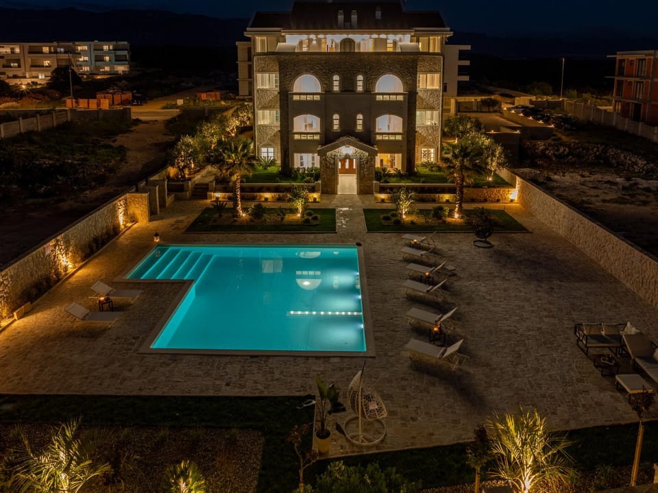 Property building, Night, Swimming pool, sunbed