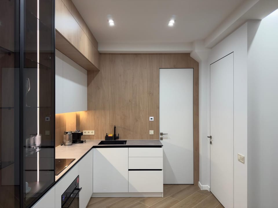 Kitchen or kitchenette, stove