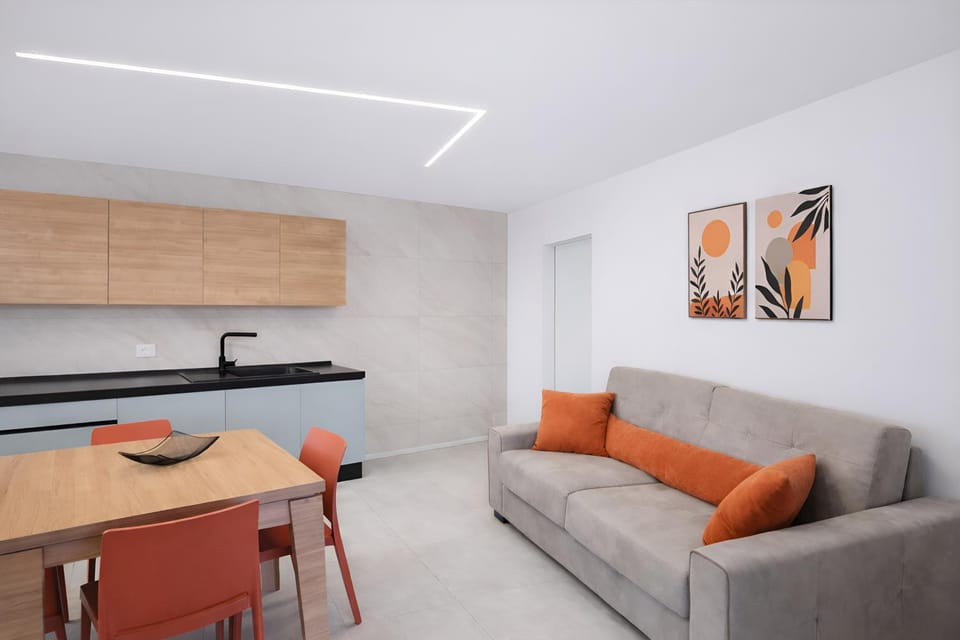 Kitchen or kitchenette, Living room, Seating area, Dining area