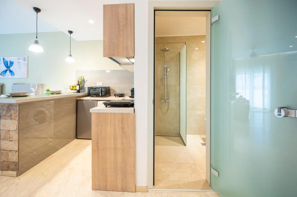 Shower, Toilet, Bathroom, Kitchen or kitchenette, microwave, stove