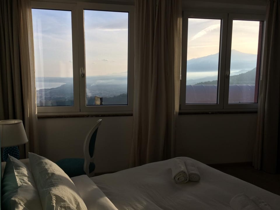 Bed, Mountain view, Sunset