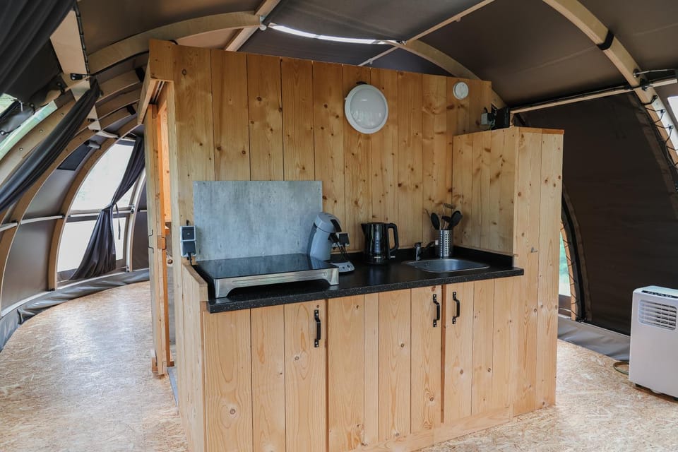 Kitchen or kitchenette, stove