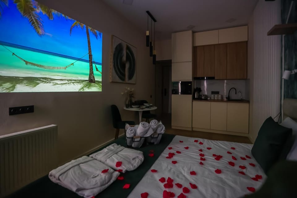 Bed, TV and multimedia, Kitchen or kitchenette, Photo of the whole room, Bedroom, towels