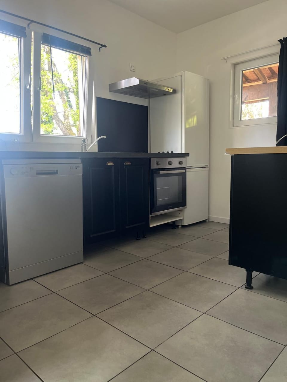 Kitchen or kitchenette, dishwasher, oven, stove