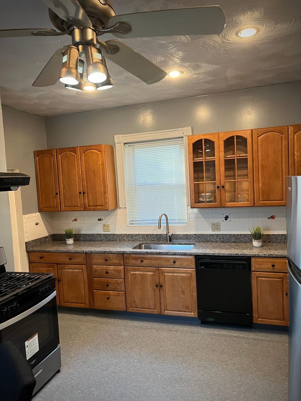 Kitchen or kitchenette, dishwasher, stove